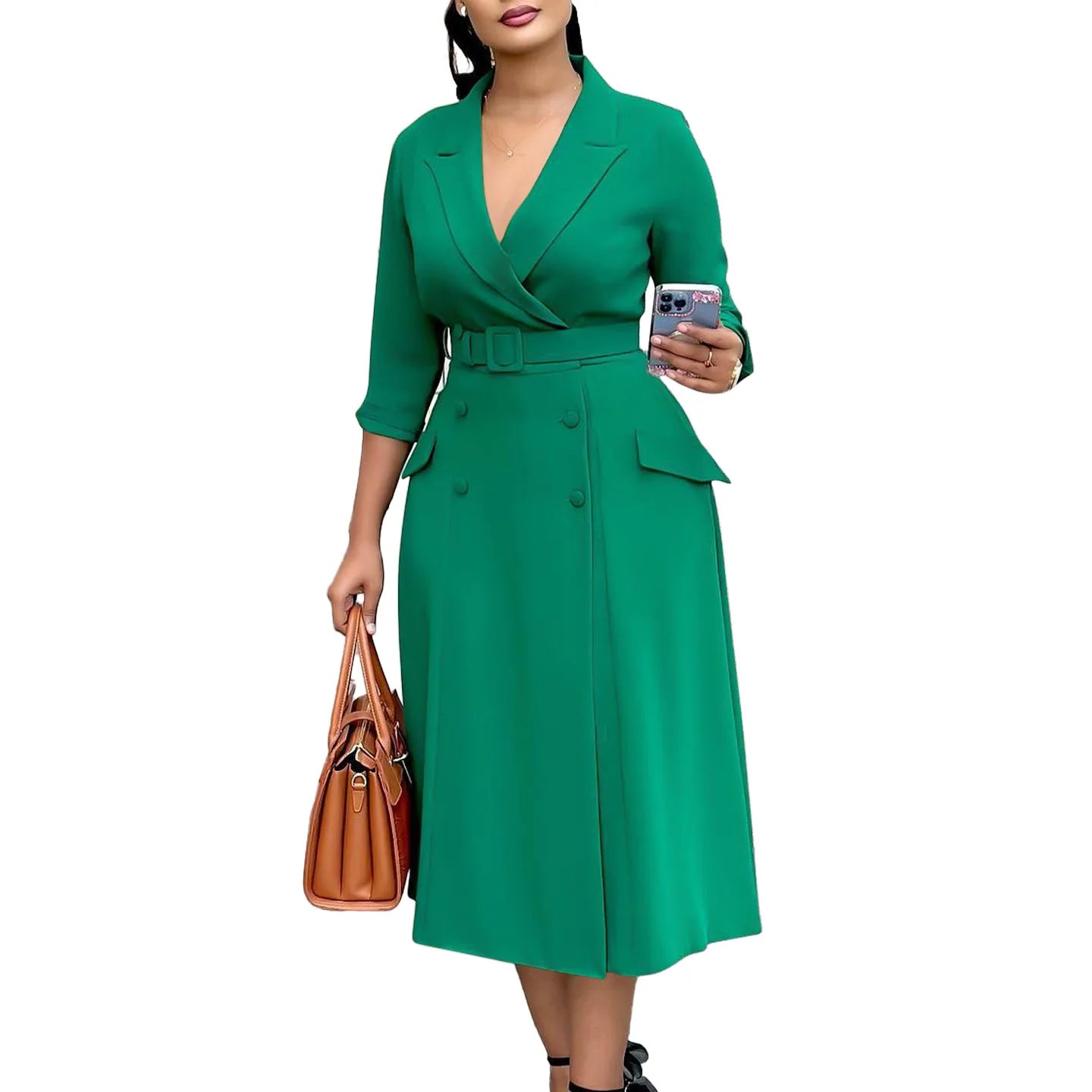 Women Notched Neck Elegant Full Sleeve Midi Dress Work Belt Streetwear Africa Party Club Dresses