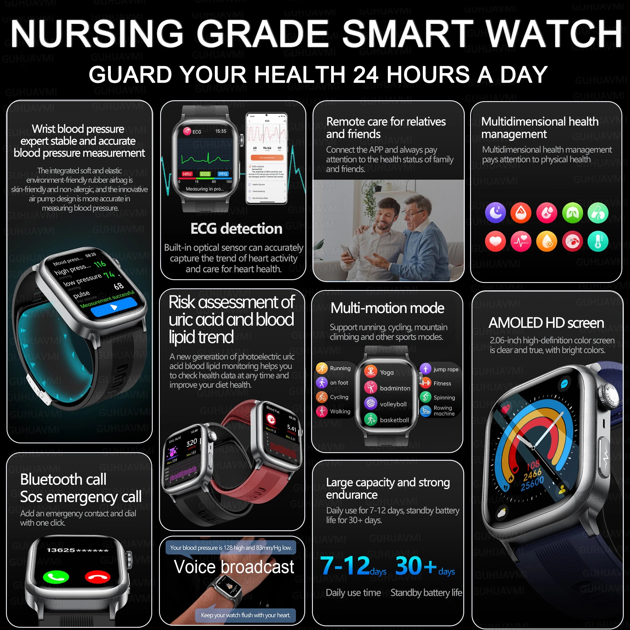 2025New Upgrade Air pump airbag Accurate Blood Pressure Measure Smart Watch ECG+HRV lipids Uric acid AI Diagnosis Smartwatch NFC