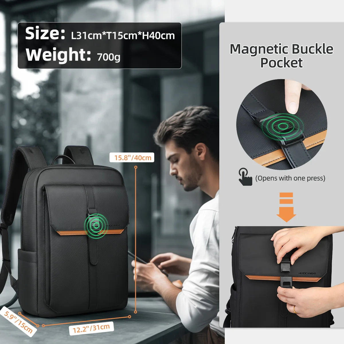 HK Stylish Business Backpack for Men Waterproof 15.6 inch Flap Laptop Backpack Multiple Pockets Casual Daypack for Work School