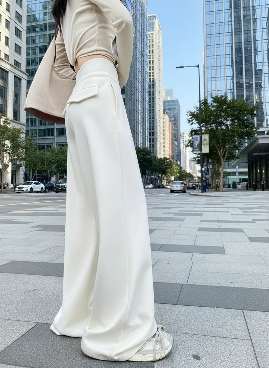 Gray High-Waist Loose Wide-Leg Straight Pants Women