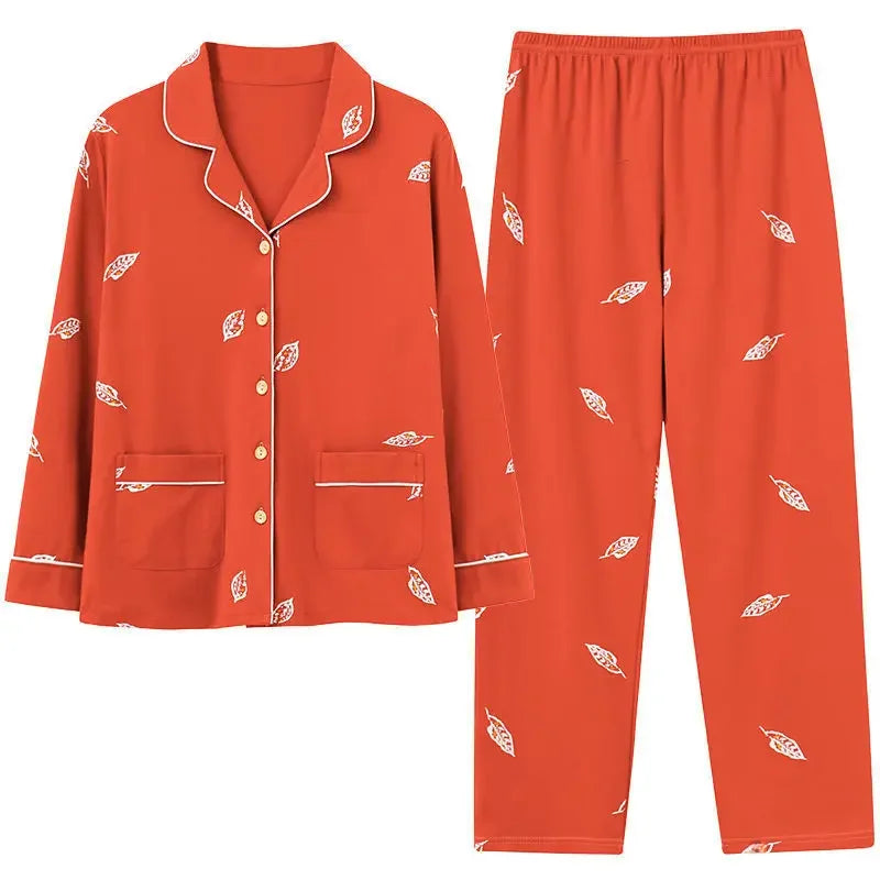 Autumn Women's 100% Cotton Long Sleeve Pajama Set Middle-aged Elderly Thin Cardigan Suitable For Home Wear