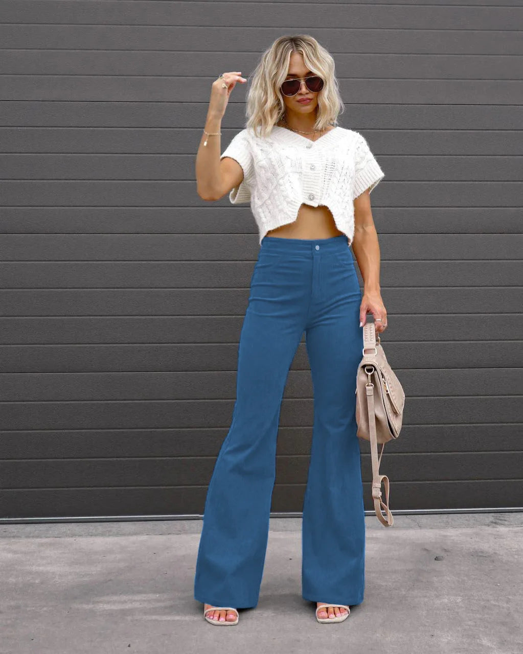 Women Corduroy Flared Pants Mid-Waist Slim Fit Bell-Bottom Trousers