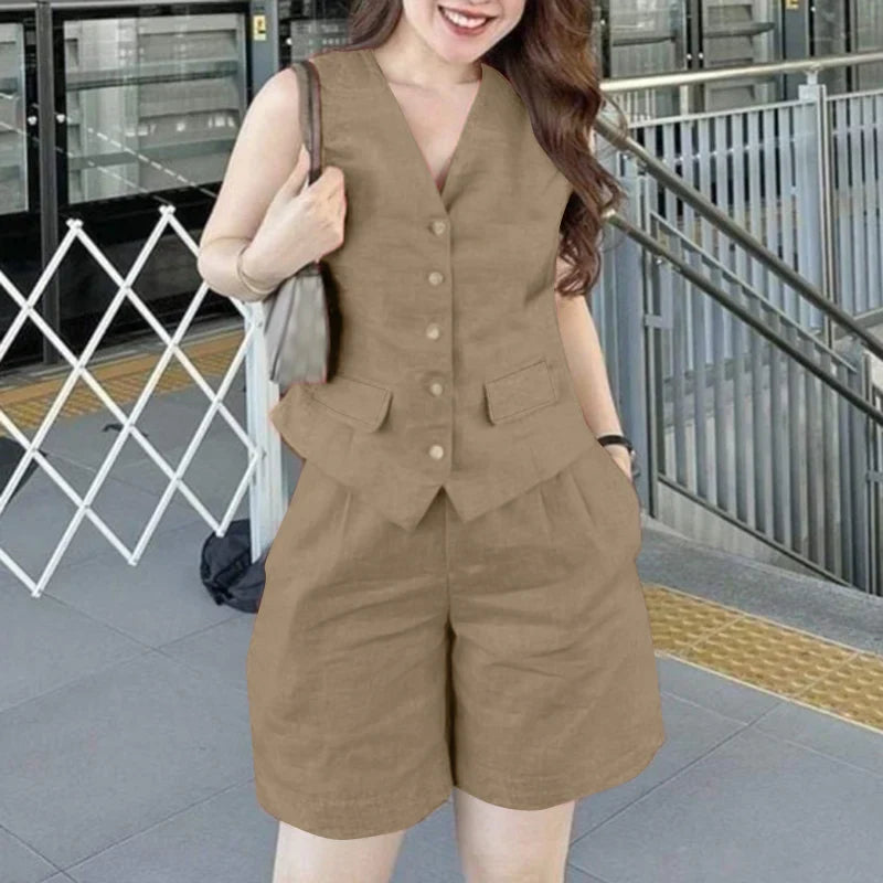 Women Sleeveless Vest Top And Pants Two Piece Office Suit Set