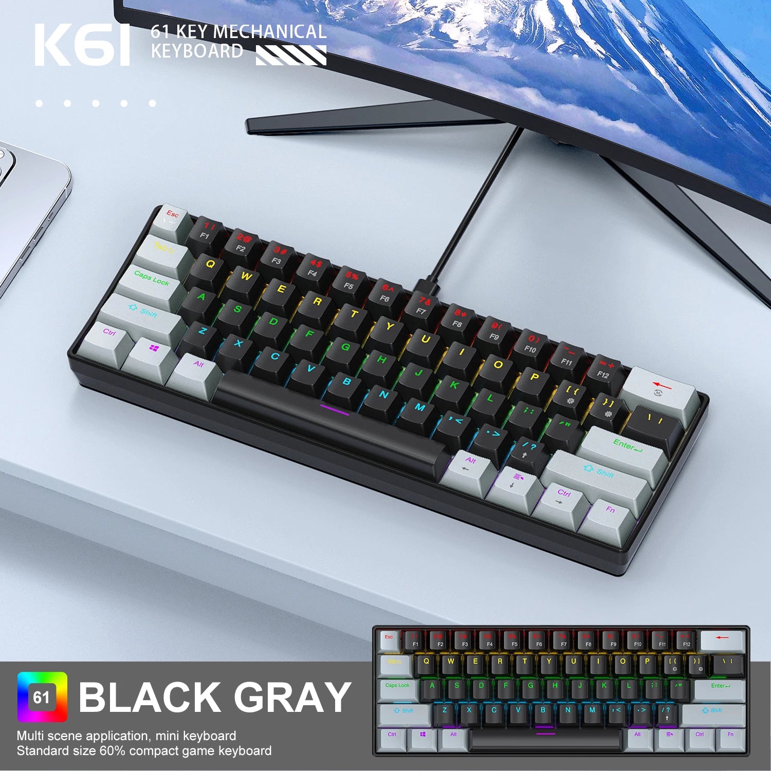 K61 Wired Mechanical Keyboard,61-key Design,1000Hz Return Rate,USB2.0