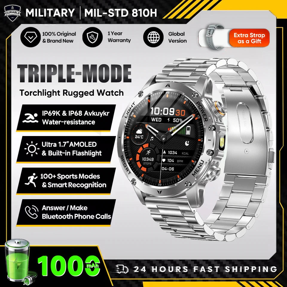 2025 New Military T-Rex 3 Ultra 1000mAh Battery Smart Watch 5ATM Waterproof Flashlight Heart Rate Sports tracker Smartwatch Men