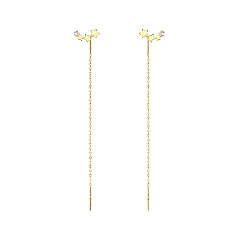 Sterling Silver Star Drop Earrings With Tassel Chain