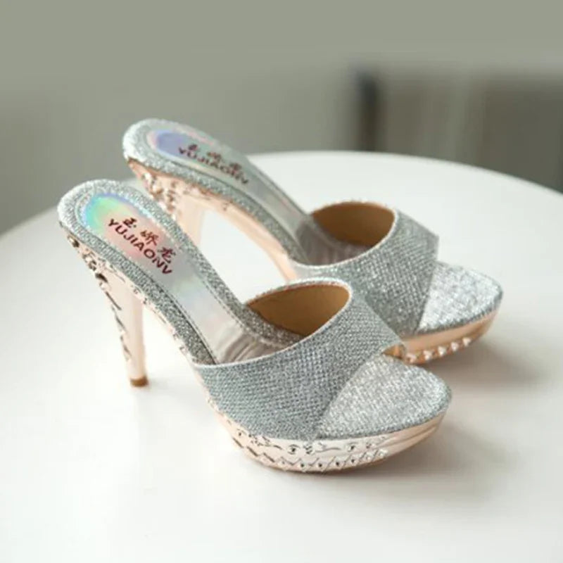Summer Women Sandals Rhinestone Women Shoes Sexy High Heels Shoe Ladies Sandalias Gold Silver Women Slippers Heeled Sandals Sexy