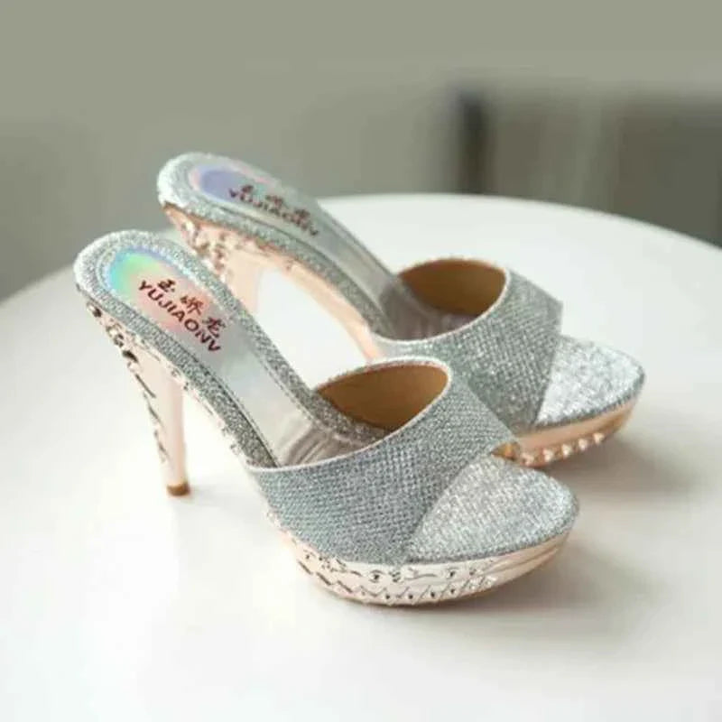 Summer Women Sandals Rhinestone Women Shoes Sexy High Heels Shoe Ladies Sandalias Gold Silver Women Slippers Heeled Sandals Sexy