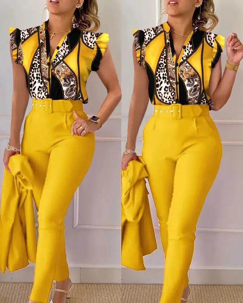 Women's Elegant 2-Piece Set – Printed Long Sleeve Shirt & High-Waist Pants, Casual Spring/Autumn Fashion