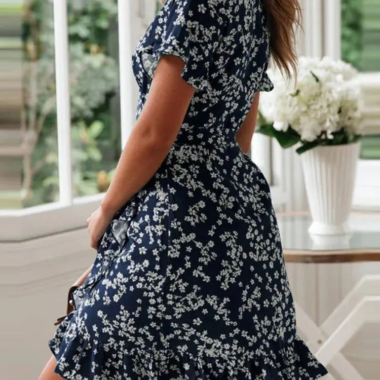 Boho Floral Print Ruffles Women Dress Summer Sexy V Neck Short Sleeve A Line Chiffon Mini Dresses Beach Vacation Sundress