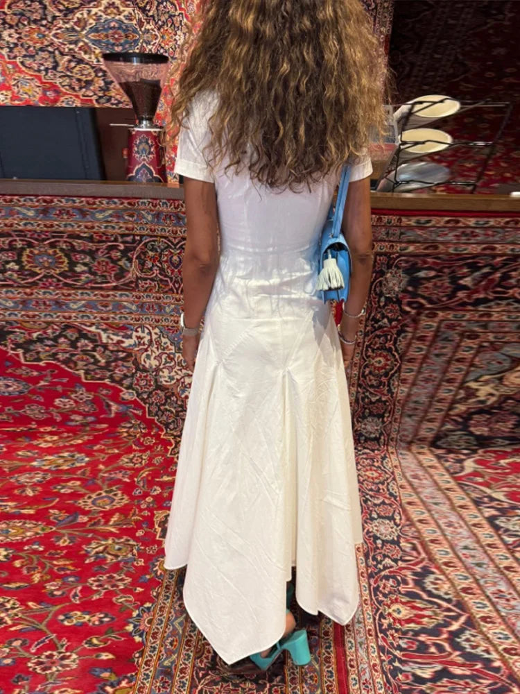 Fashion Women's Shirt Style Dress Turn-Down Collar Short Sleeve Solid Lady Dresses Irregular 2025 Summer Elegant Female Robe