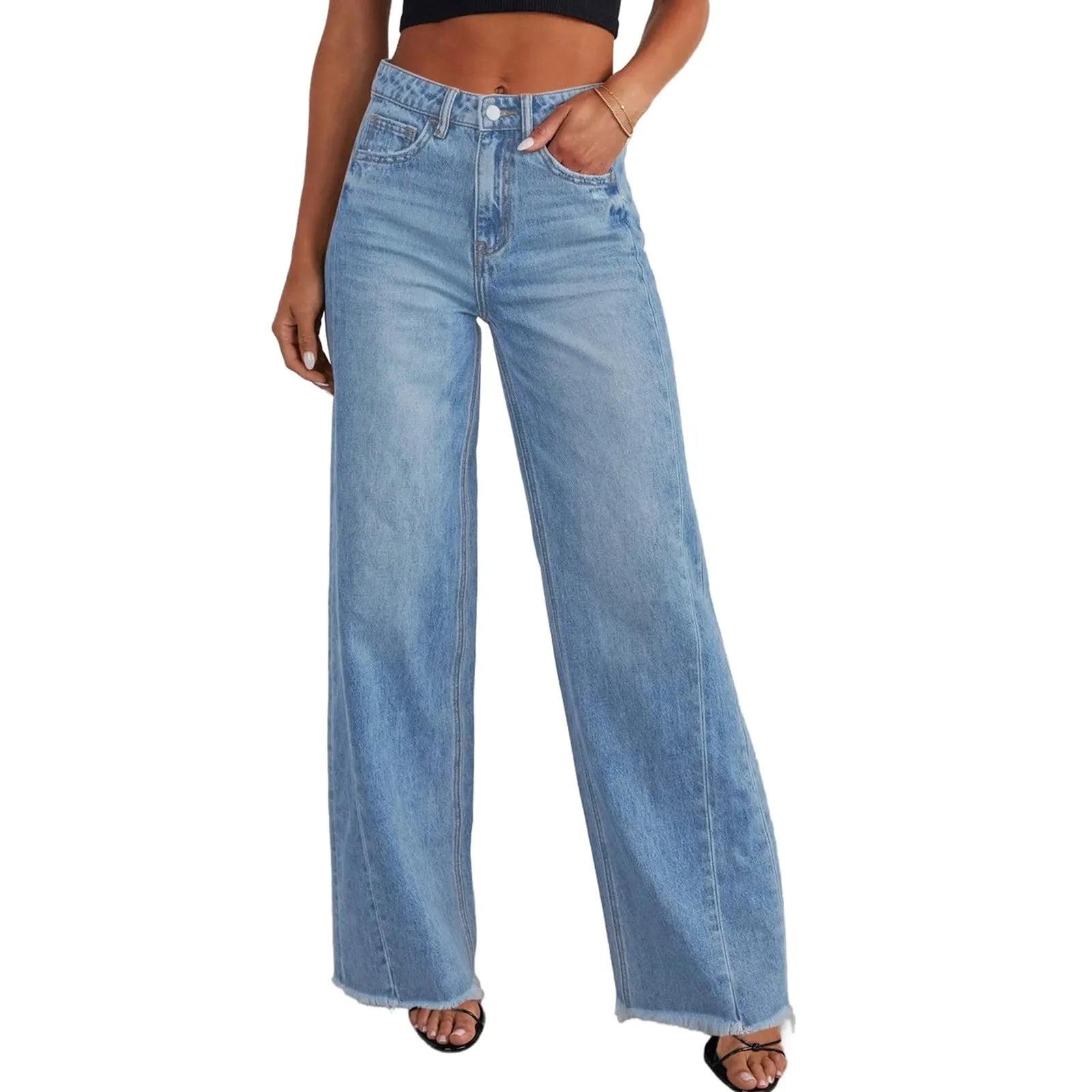 Wide Leg Denim with Frayed Bottom