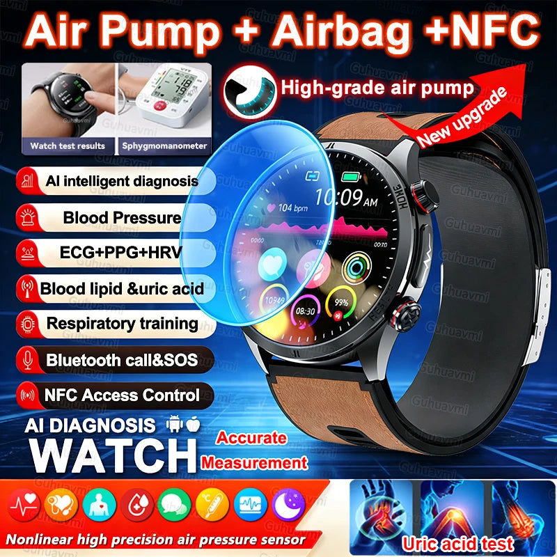 2026New Sapphire glass Air Pump Air Bag Smart Watch Health Clock Men Blood Pressure Uric Acid Call Health Tracker NFC Smartwatch