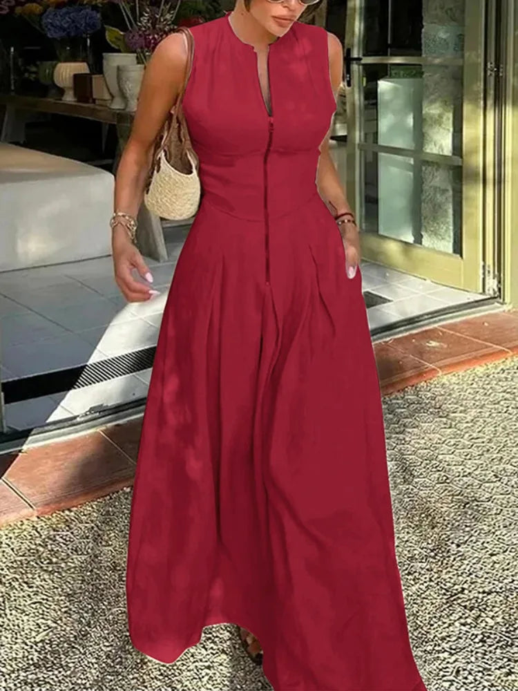 UOOZEE Office Lady Commute Pleated A-line Dress 2025 New Summer Fashion Solid Color Sleeveless Zipper Evening Maxi Dresses