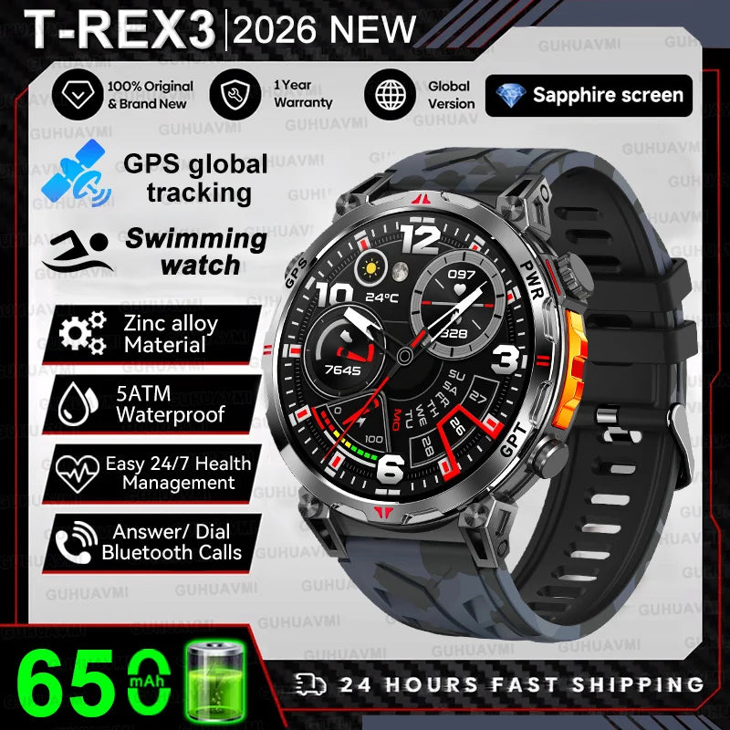 2026 New Military T-Rex 3 Ultra GPS Compass Smart Watch For Outdoor Sports 5ATM Waterproof Heart Rate 650mAh Battery Smart Watch