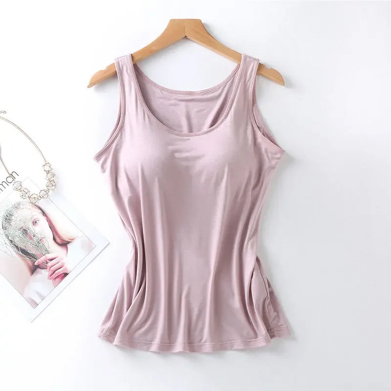 2023 Women's Vest Tops with Built In Bra Neck Vest Solid Color Padded Slim Fit Tank Tops Sexy Shirts Feminino Casual Tank Tops