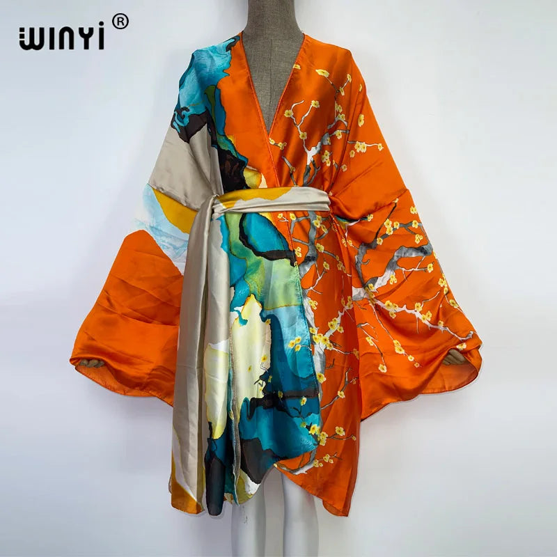 WINYI Summer Beach Wear Swim Suit Cover kaftan sweet lady boho Cardigan stitch Self Belted sexy Holiday long Sleeve Kimono