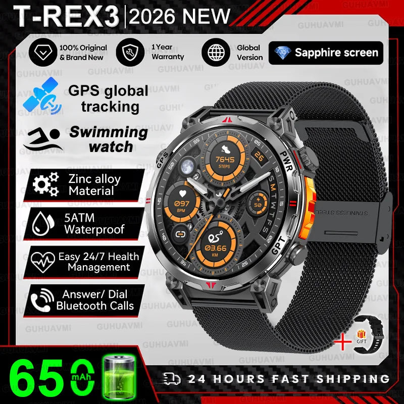 2026 New Military T-Rex 3 Ultra GPS Compass Smart Watch For Outdoor Sports 5ATM Waterproof Heart Rate 650mAh Battery Smart Watch