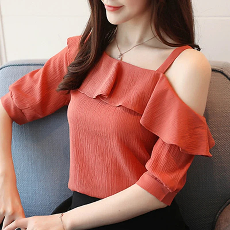 Women Short Sleeve Chiffon Off Shoulder Blouse