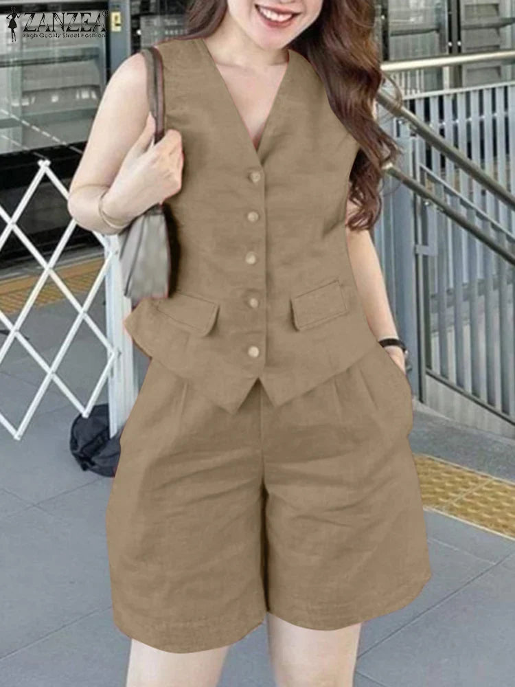Women Sleeveless Vest Top And Pants Two Piece Office Suit Set