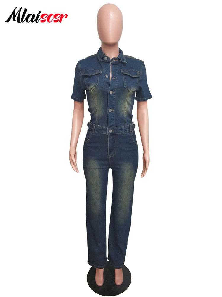 Mlaiscsr Stretch Denim One Piece Jumpsuits with Belt Women Clothes Winter Long Sleeve Lapel Washed Jean Romper Birthday Overalls