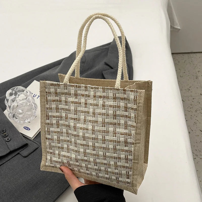 Retro Braided Pattern Jute Tote Bag Large Capacity Grocery Bag Women Handbag Beach Organizer Portable Shopping Bag Lunch Bag