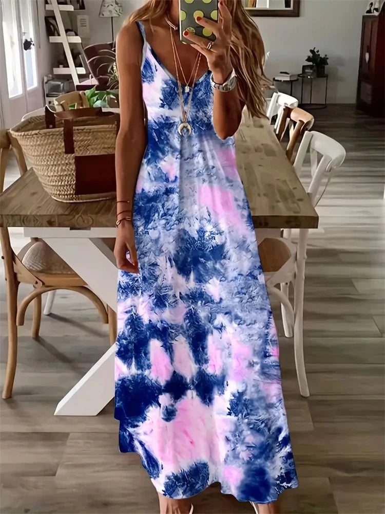 Abstract Print Maxi Dress, Casual Sleeveless Spaghetti Strap Dress, Women's Clothing