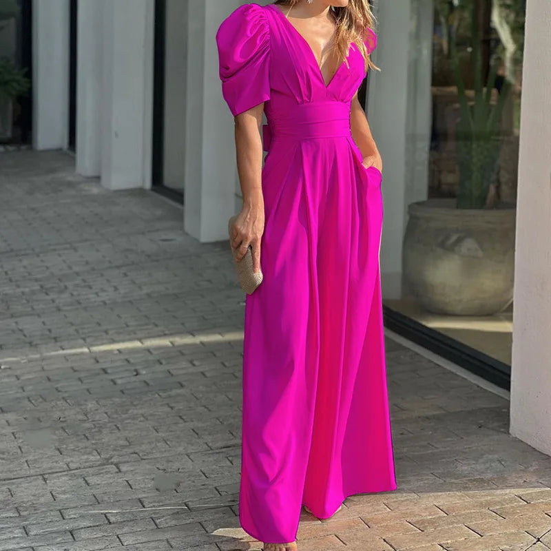 Full Size Cutout V-Neck Puff Sleeve Jumpsuit Plus Size