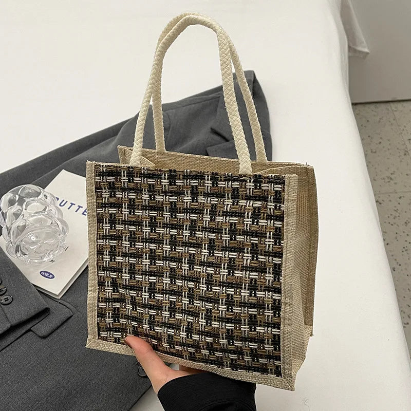 Retro Braided Pattern Jute Tote Bag Large Capacity Grocery Bag Women Handbag Beach Organizer Portable Shopping Bag Lunch Bag