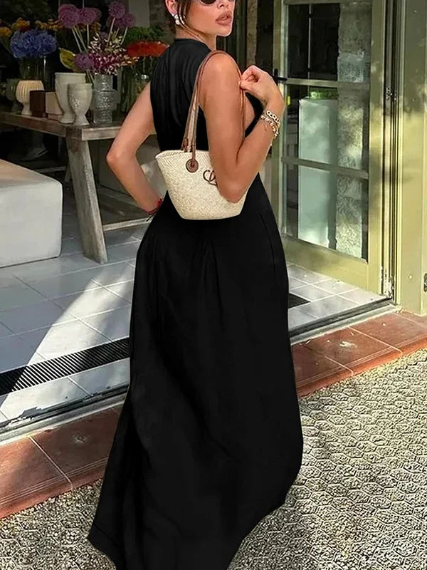 UOOZEE Office Lady Commute Pleated A-line Dress 2025 New Summer Fashion Solid Color Sleeveless Zipper Evening Maxi Dresses