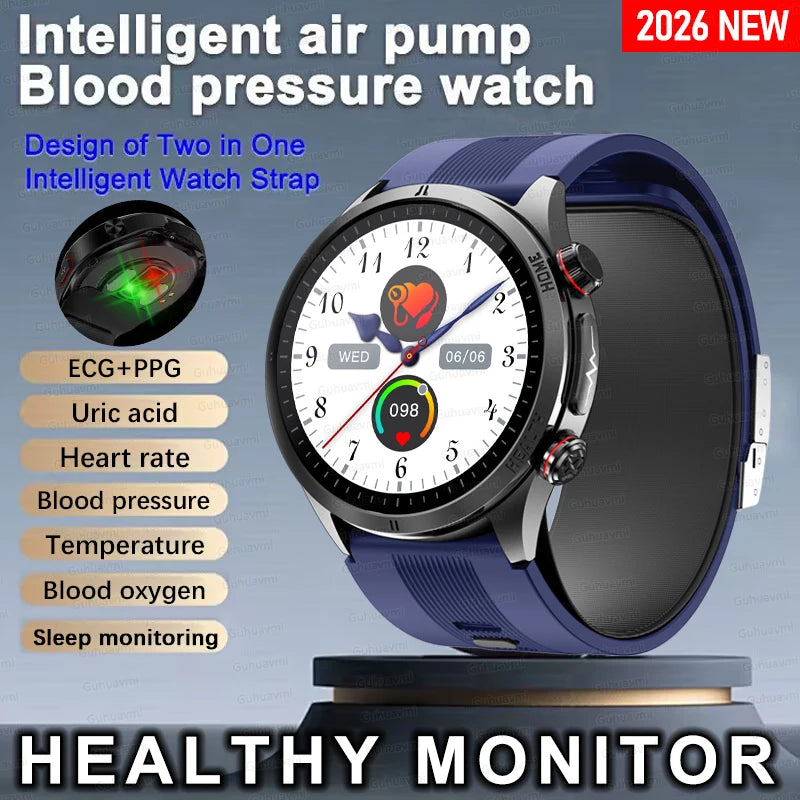 2026New Sapphire glass Air Pump Air Bag Smart Watch Health Clock Men Blood Pressure Uric Acid Call Health Tracker NFC Smartwatch