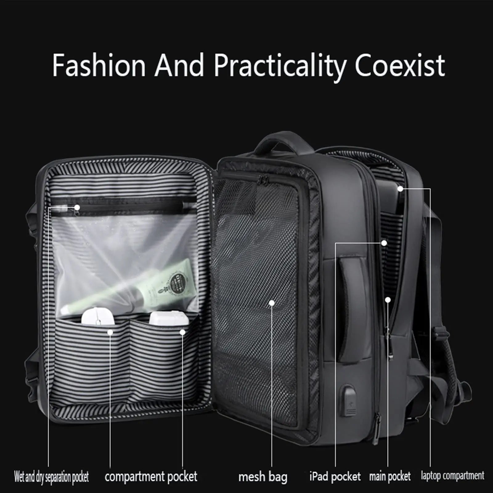 Men's 17" Laptop Hard Shell Backpack 50L Large Capacity Expandable Waterproof Travel Backpack USB Charging mochilas de hombre