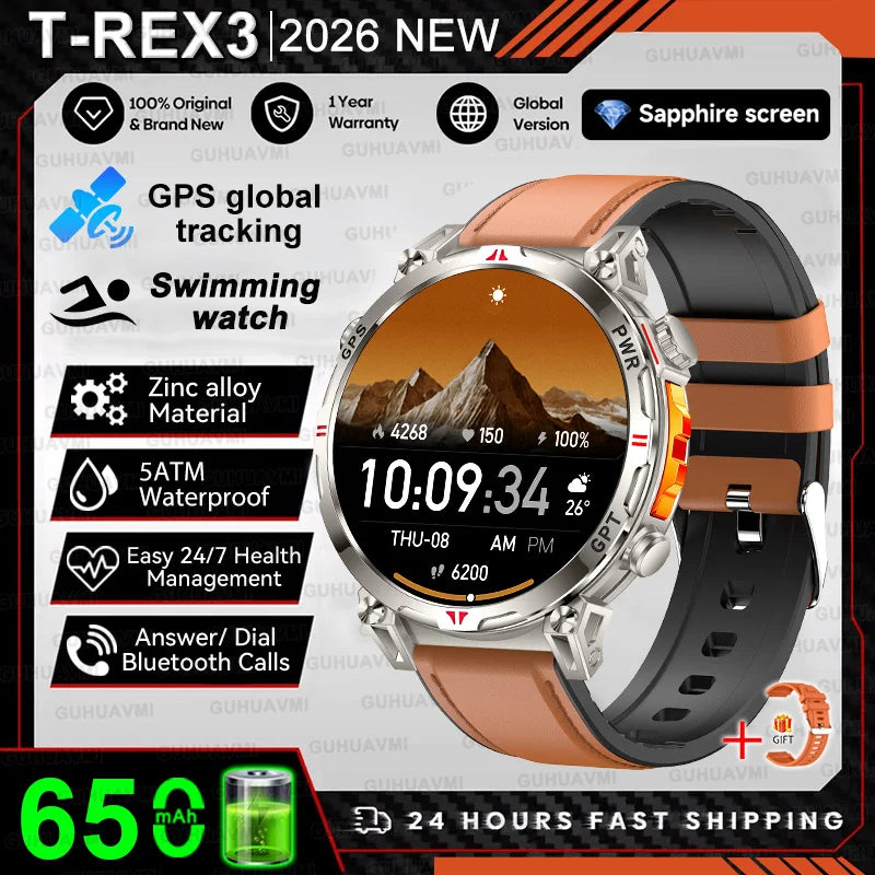 2026 New Military T-Rex 3 Ultra GPS Compass Smart Watch For Outdoor Sports 5ATM Waterproof Heart Rate 650mAh Battery Smart Watch