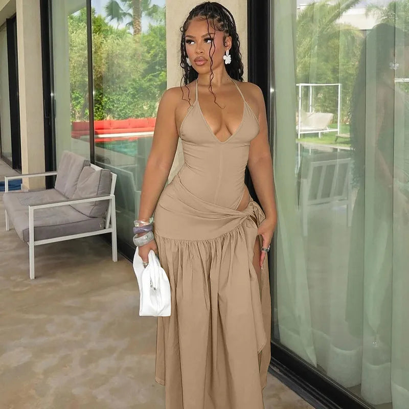 Elegant Women's Set Sleeveless Strap Bodysuit +Long Skirts Set Tracksuit Sexy Tie Up Two 2 Piece Set Outfits