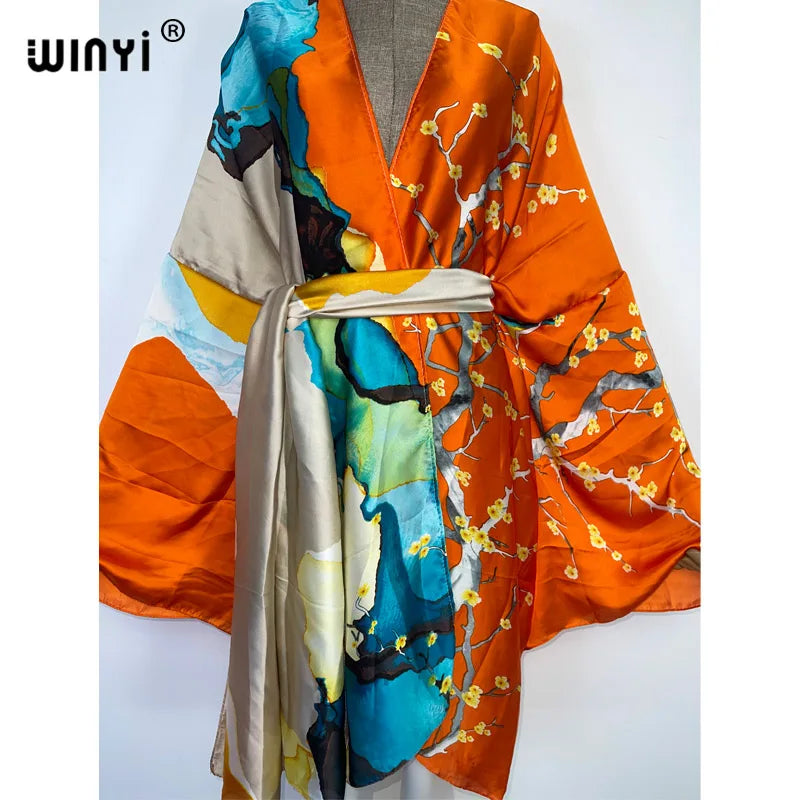 WINYI Summer Beach Wear Swim Suit Cover kaftan sweet lady boho Cardigan stitch Self Belted sexy Holiday long Sleeve Kimono