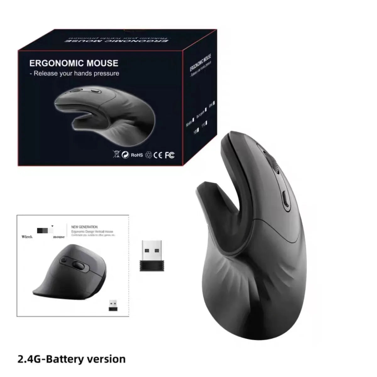 Warvank U2 Vertical Wireless Mouse Ergonomic Optical Comfortable Silent Office Mouse DPI Adjustable 800/1200/1600 for PC Laptop