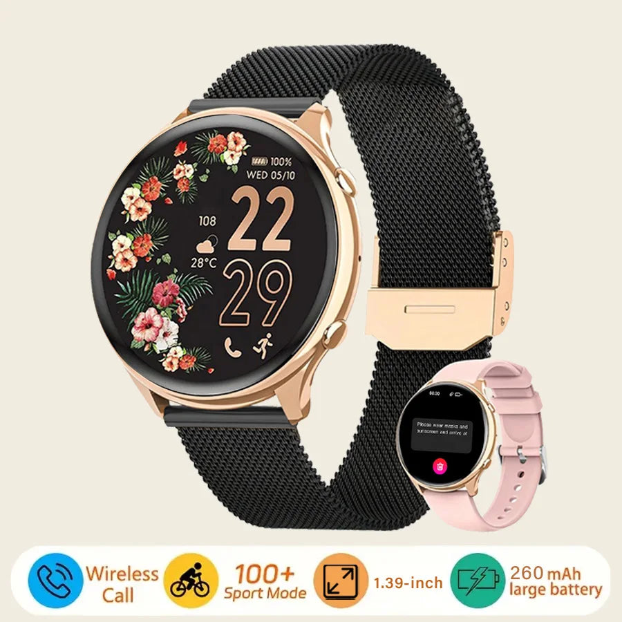 Smart watch for women, always-on display, IP67, fitness tracker with sleep monitoring/menstrual cycle, black gold