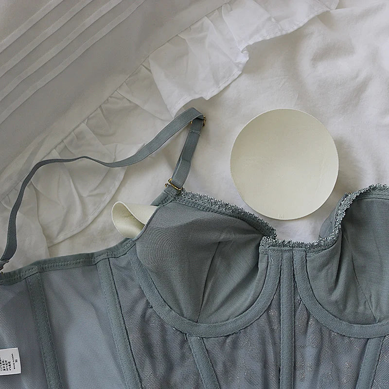 3D Embroidered Sexy Lace Fish Bone Corset Bralette with Steel Ring - 2/1 Half Cup Underwear