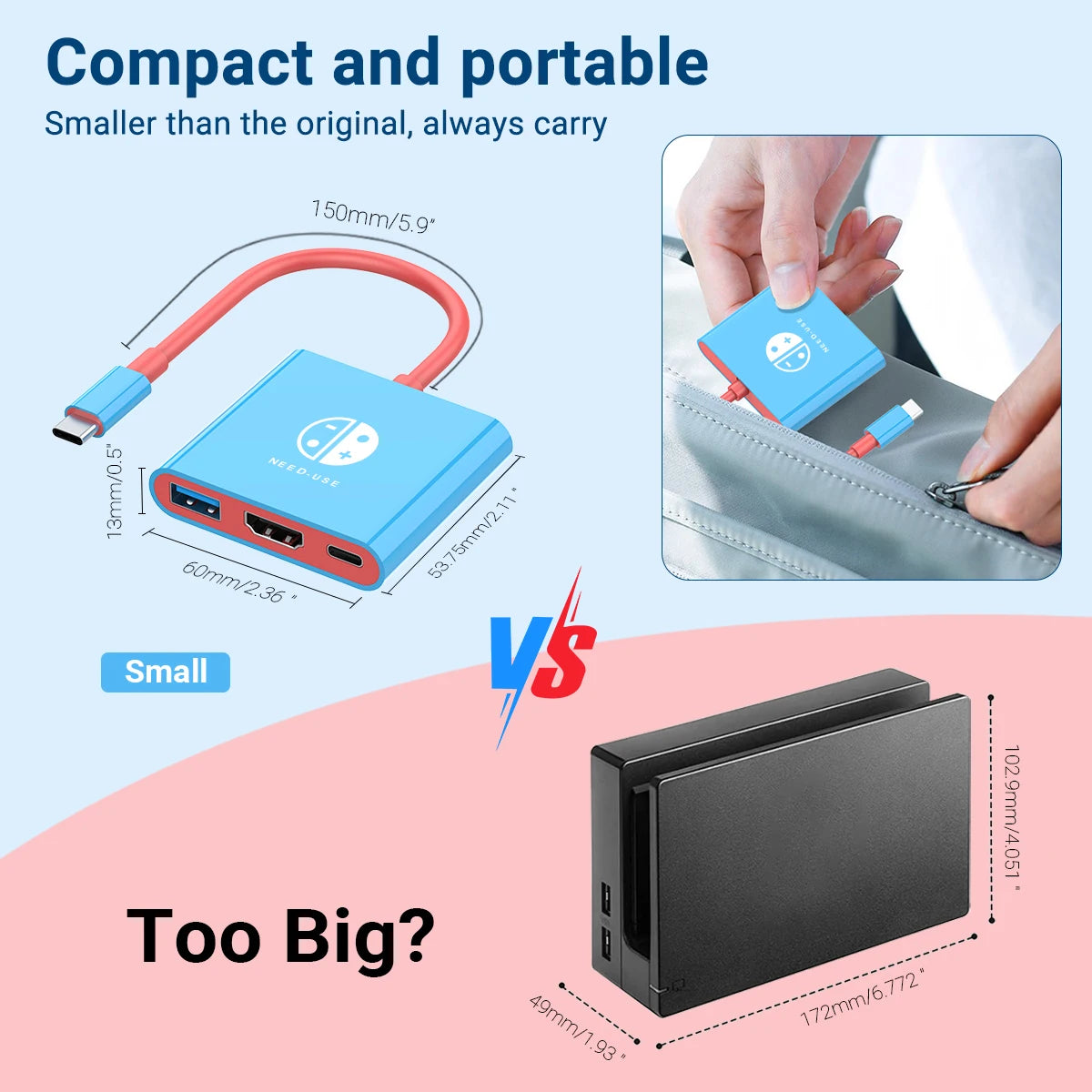 Portable Game Docking Station TYPE-C Hub with HDMI and USB 3.0