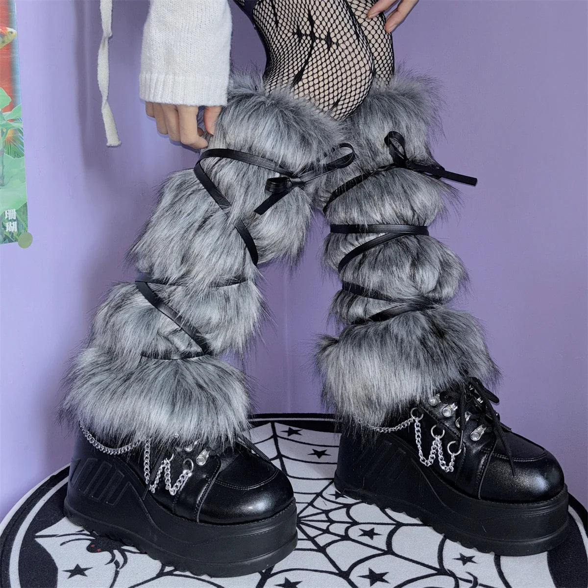 Y2k Vintage Faux Fur Leg Warmers Hot Girl Harajuku Winter Warm Furry Boots Cover Socks Jk Punk Hiphop Cosplay Accessories