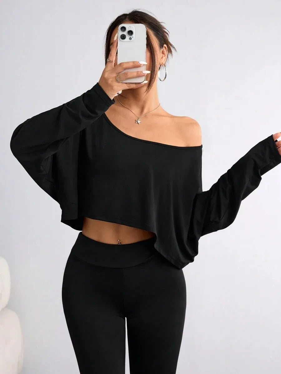 Women'S Black Long Sleeve Blouse T-shirt Casual Asymmetrical Neck Strapless Top for Sporty