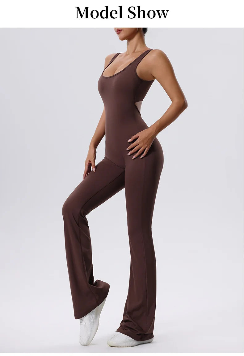 V Back Scrunch Gym Set Women Sport One-Piece Suit Yoga Suit Flared Pants Women Sports Jumpsuit Fitness Rompers Workout Bodysuits