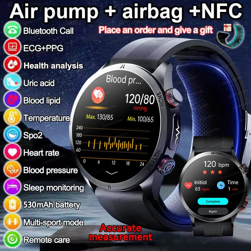 2026New Blood Pressure Air Pump Airbag Accurate Measure Smart Watch Men Micro Physical Examination Health ECG Smartwatch NFC BOX