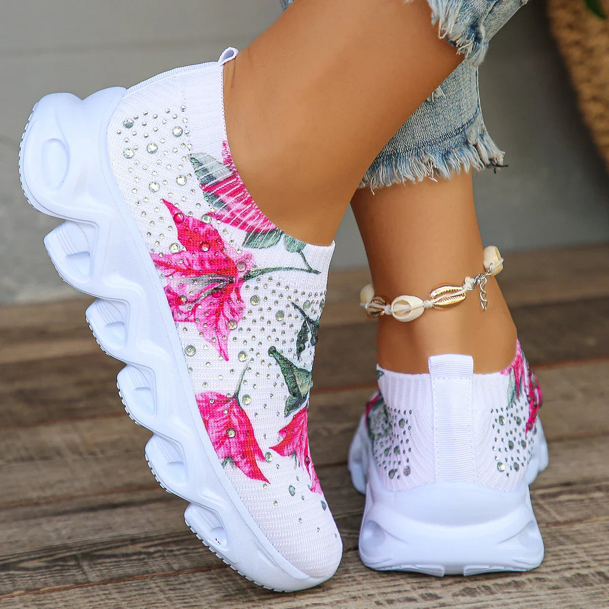 Crystal Floral Women's Knitted Sneakers Summer 2024 New Breathable Air Mesh Casual Shoes Woman Light Weight Walking Sports Flats