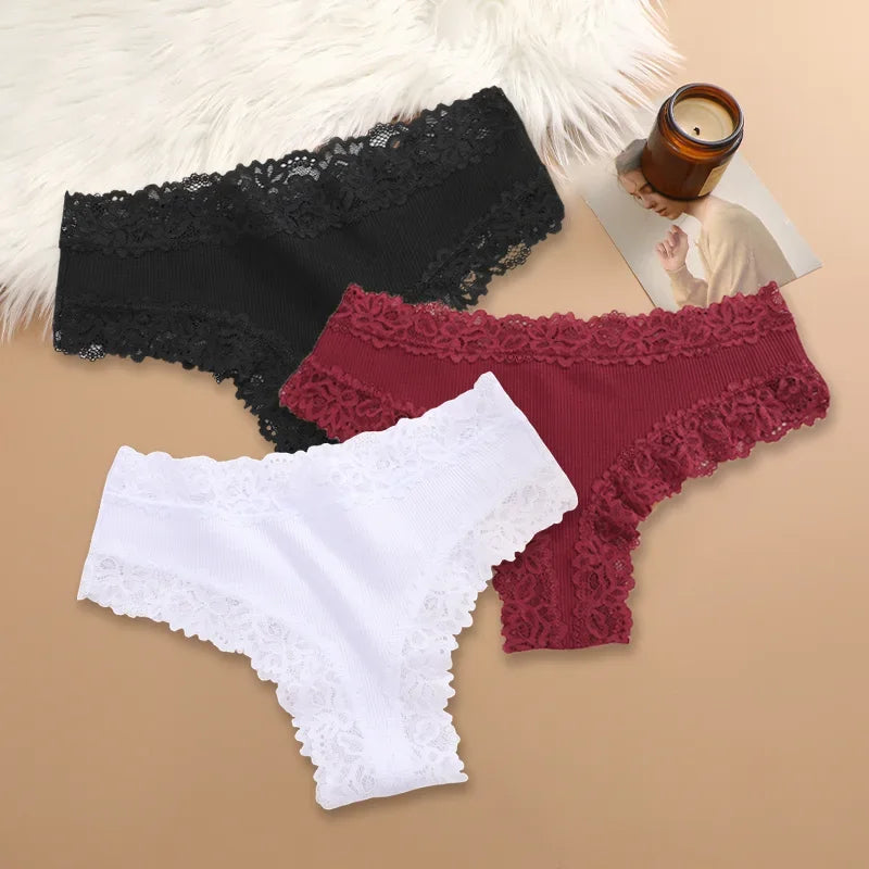 3PCS Women Cotton Lace Panties – Floral Patchwork Soft Briefs, Trendy Intimate Underwear Lingerie S-XL