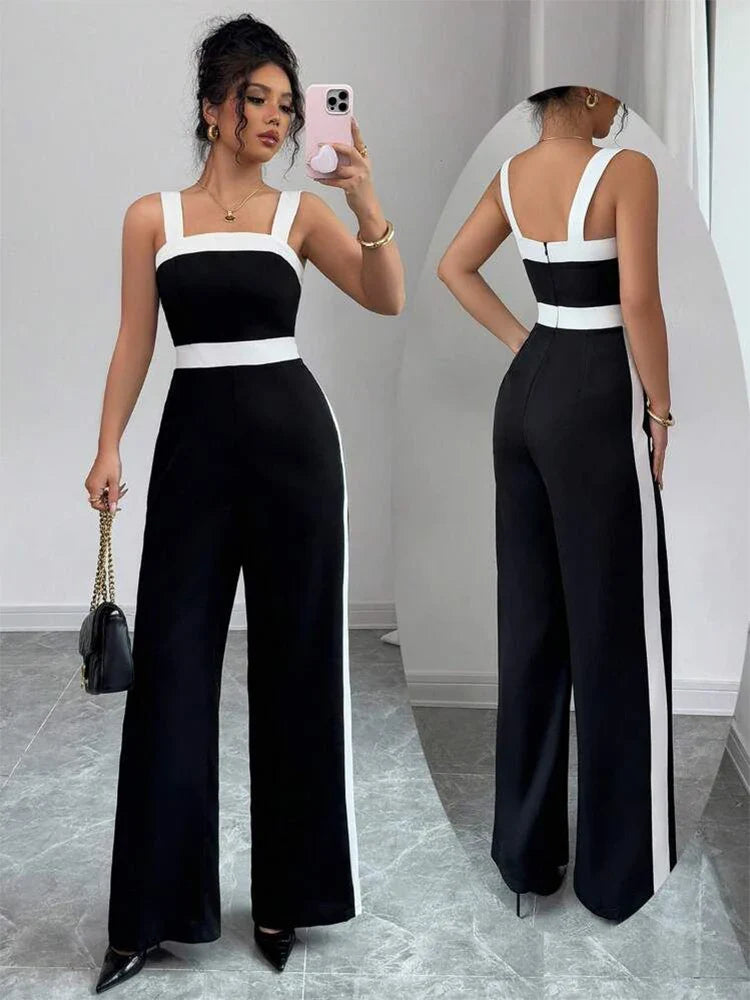 Women’s Contrast-Trim Jumpsuit – Square Neck, Wide Leg