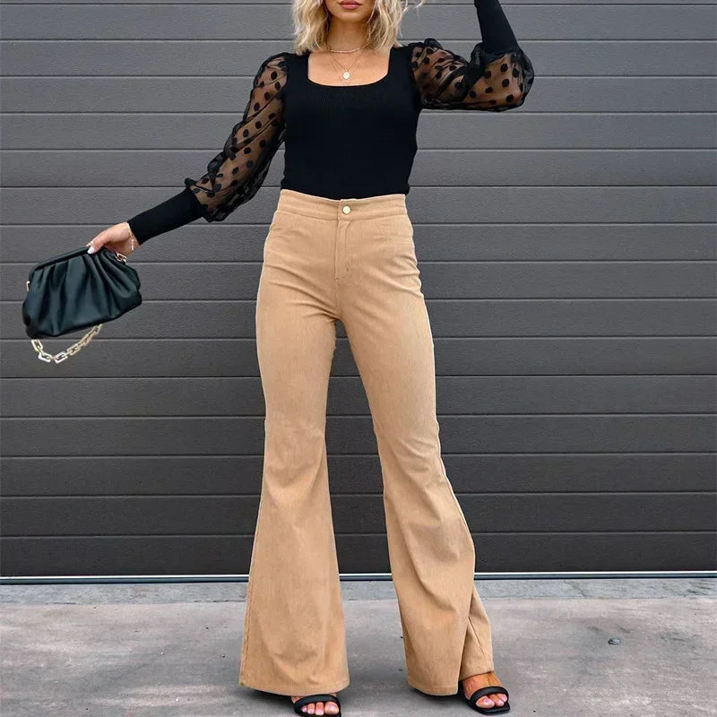 Women Corduroy Flared Pants Mid-Waist Slim Fit Bell-Bottom Trousers