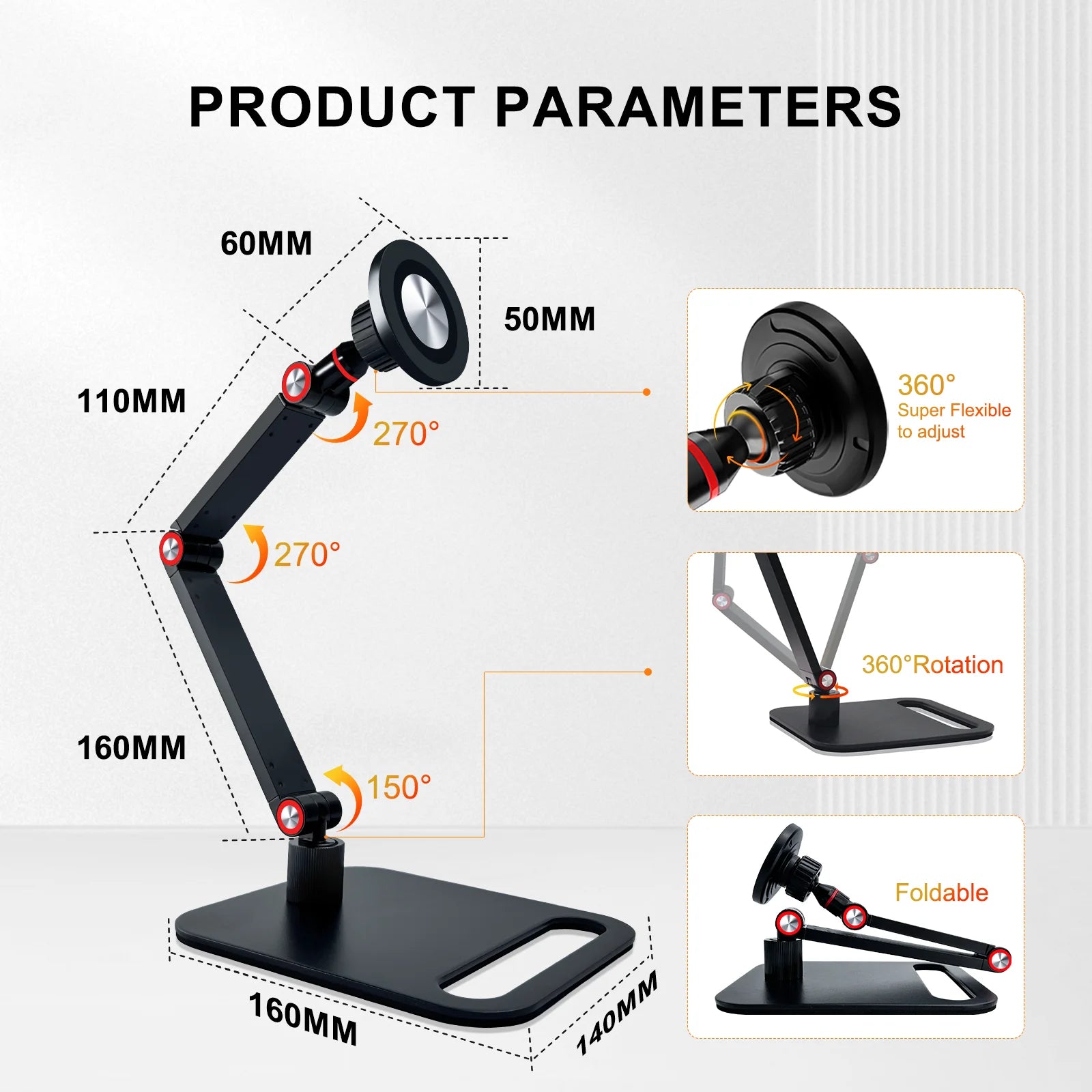 Magnetic 360° Rotating Phone Tablet Stand Aluminum Alloy 4.7-13.3" Portable Monitor Holder Strong Load Desktop Mount