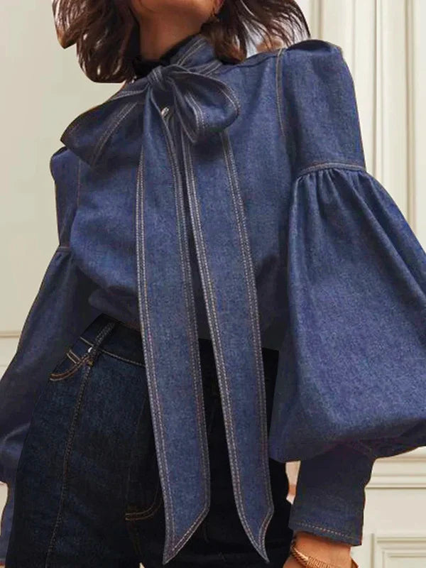 Vireous Women's Princess Sleeves High-Neck Bow Tie Denim-Look Blouse
