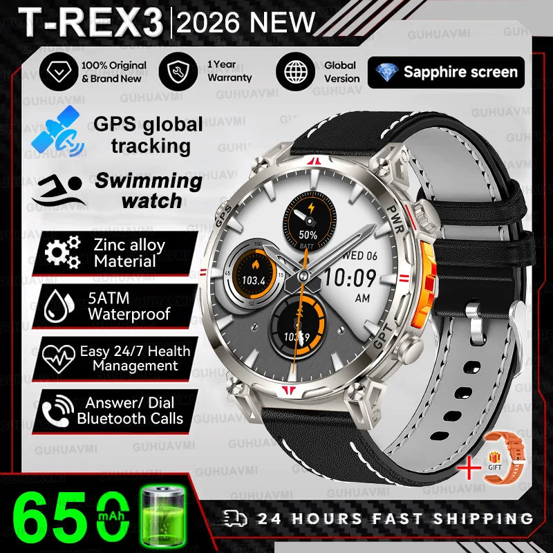 2026 New Military T-Rex 3 Ultra GPS Compass Smart Watch For Outdoor Sports 5ATM Waterproof Heart Rate 650mAh Battery Smart Watch